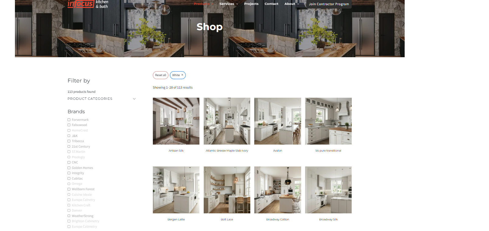 Shop page with product filters and kitchen cabinet catalog