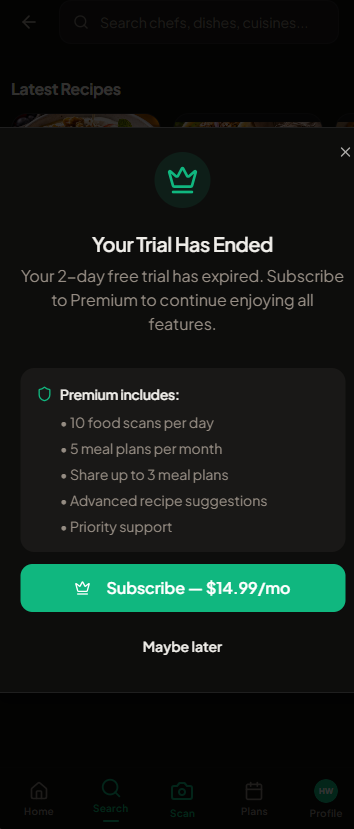 Recipix — Premium subscription screen