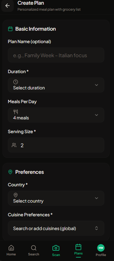Recipix — Create personalised meal plan