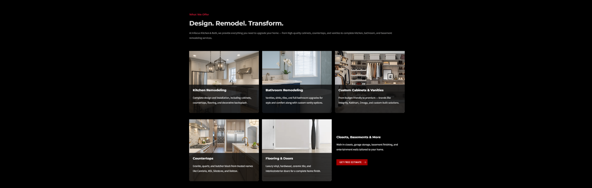 Design, Remodel, Transform — services bento grid