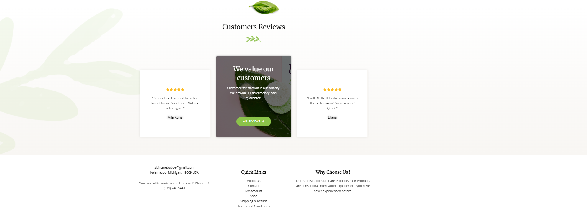 Bubba Skincare customer reviews section and footer with quick links