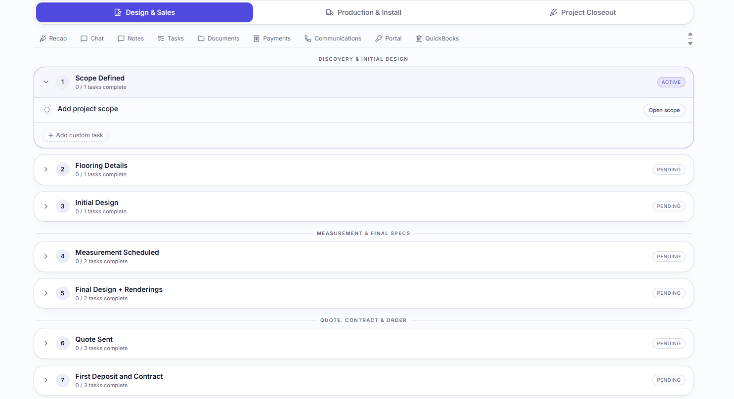 ShowroomSuites — Design & Sales pipeline with milestone tracking