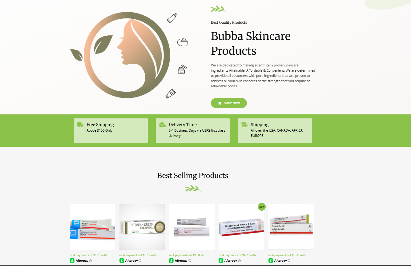 Bubba Skincare homepage hero with shipping benefits and best-selling products