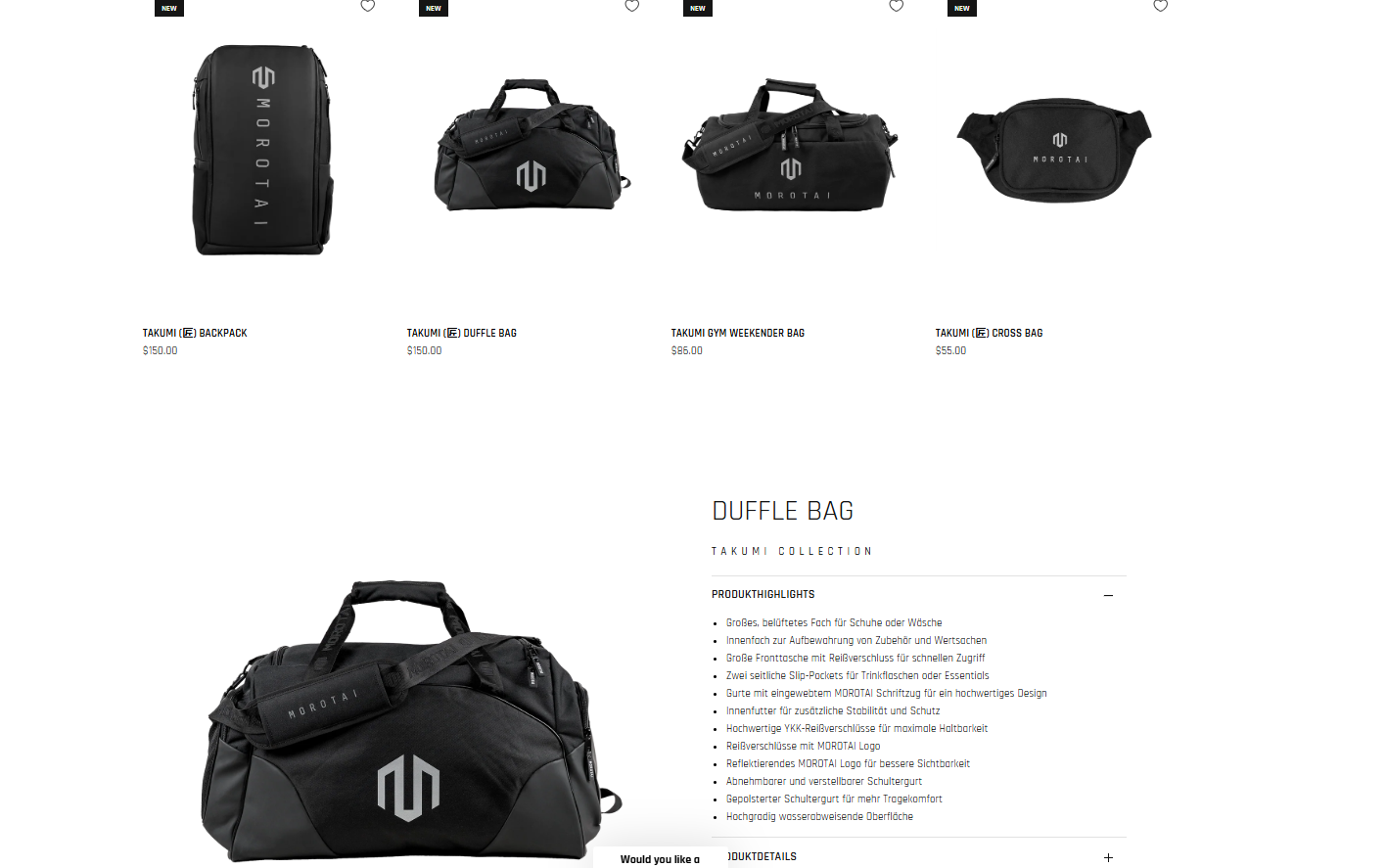 Takumi duffle bag product page with bag lineup and product highlights