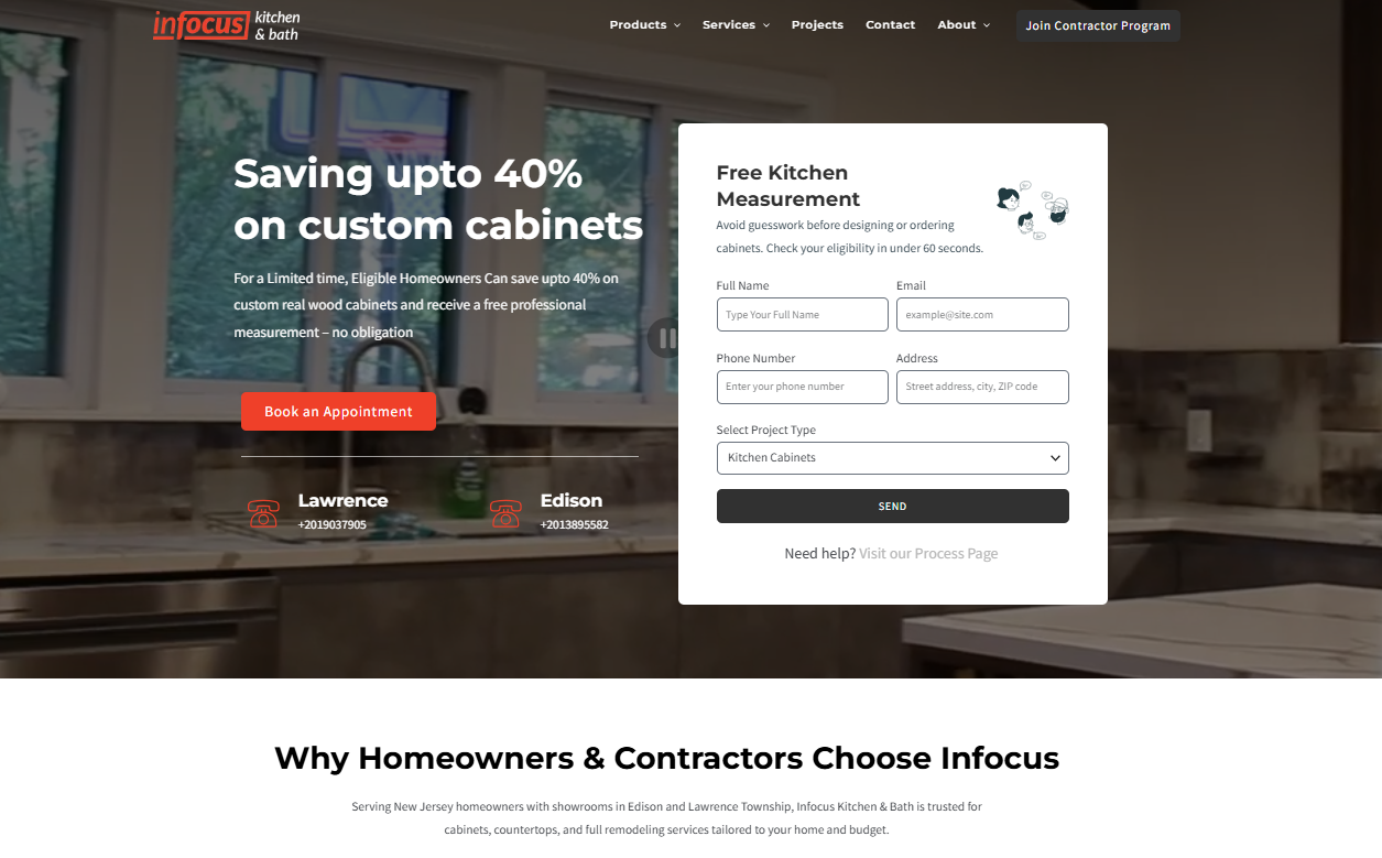 Infocus Kitchen & Bath homepage hero with free kitchen measurement form