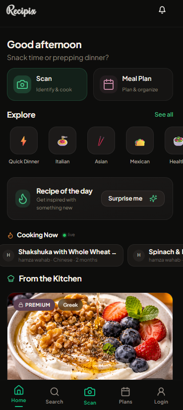 Recipix — Home screen with Scan and Meal Plan