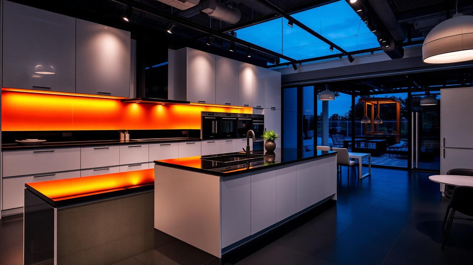 Modern kitchen showroom interior with warm amber lighting