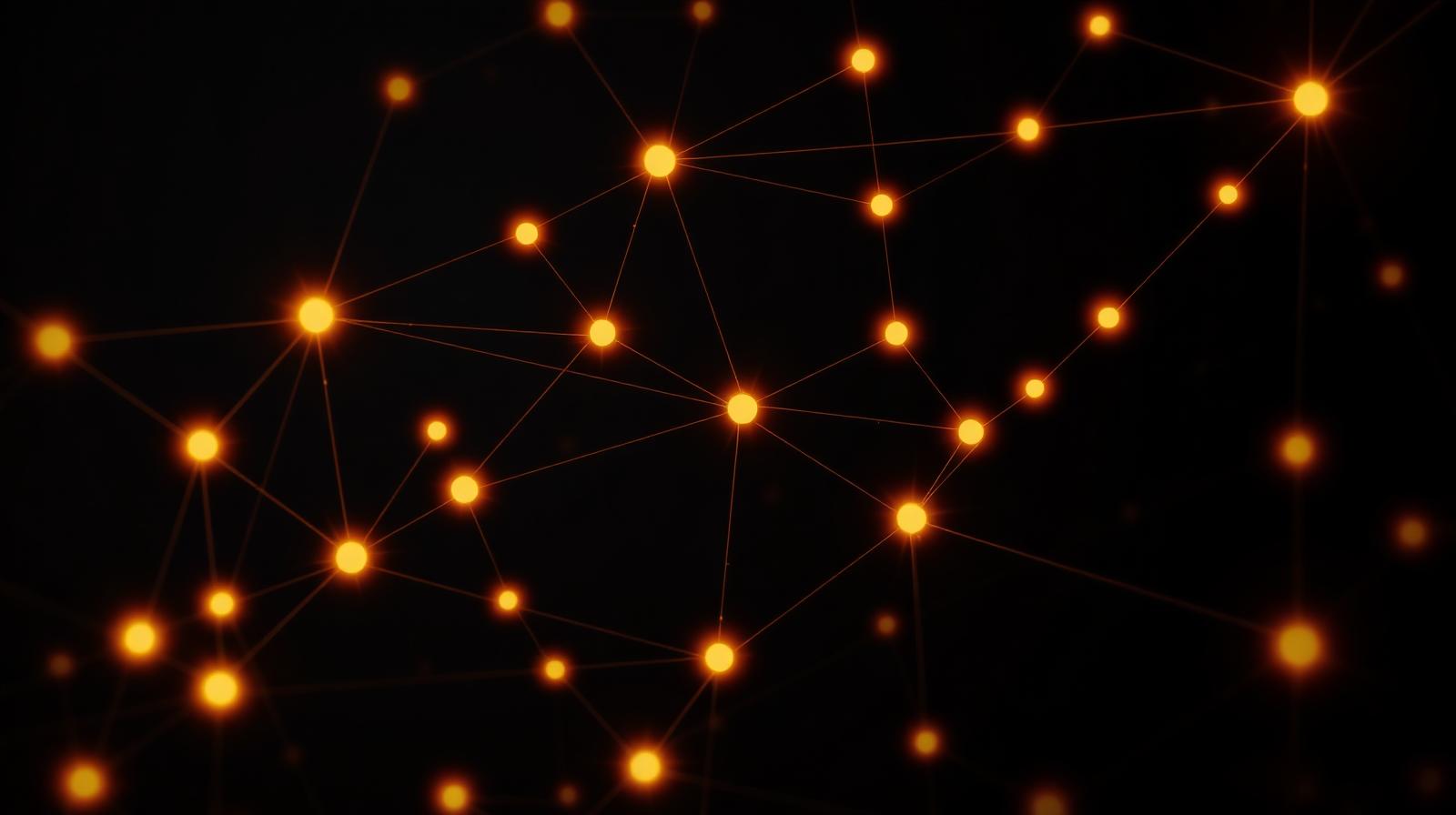 Abstract network of glowing amber nodes and connecting lines on near-black background